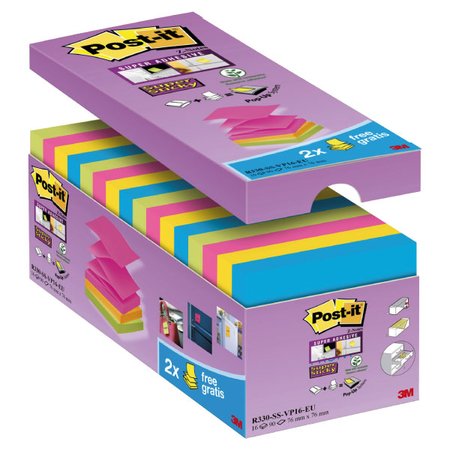 Comprar Pack 14 blocs Post-it® Super Sticky Z-Notas  ccolores surtidos: 4 Azul mediterráneo, 4 amarillos,4 rosa fucsia y 4 espárrago . 14 Blocs + 2 gratis